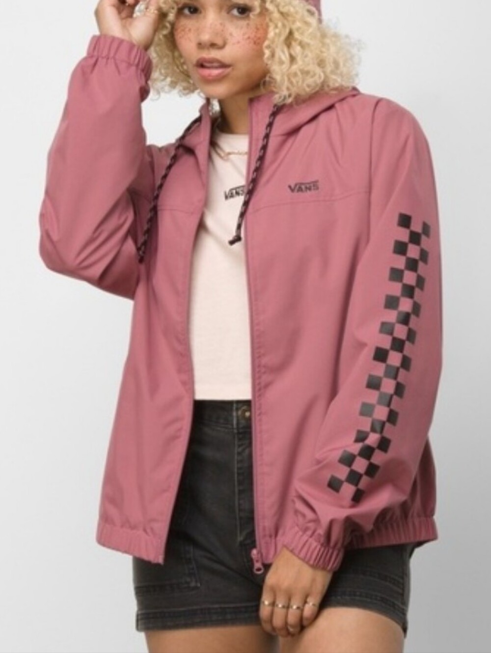 Van’s Kastle Check Me Jacket Windbreaker mauve skater girl zip front size xxl